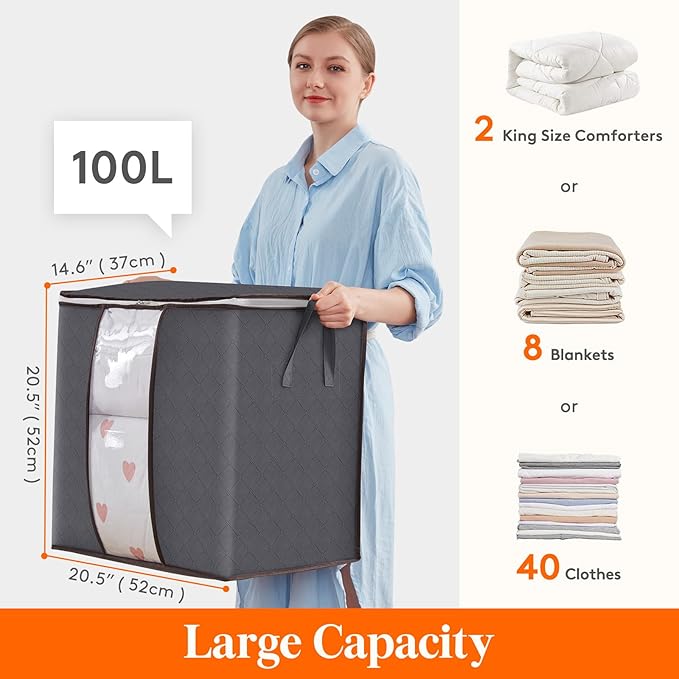 Lifewit 6 Packs 100L Clothes Storage Bag, Storage Bins for Clothes, Blankets, Comforters, Foldable Clothing Storage with Reinforced Handle, Sturdy Zipper, Closet Organizer With Clear Window, Gray
