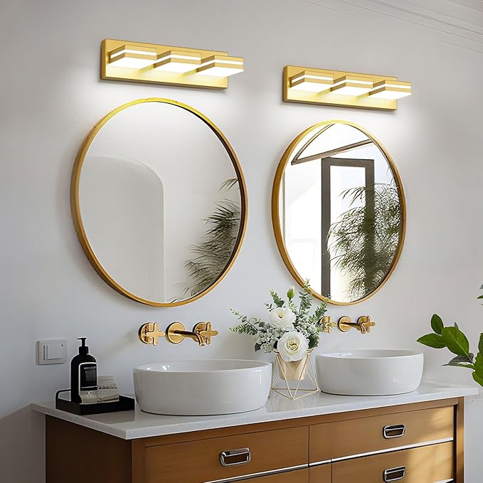 Modern LED Bathroom Lights Fixtures(3-Light),Metal Gold Acrylic Wall Lighting,Vanity Lights for Bathroom Over Mirror 6000k 16In