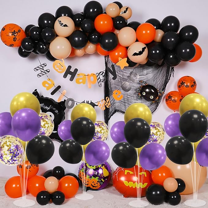 Halloween Decorations Balloon Stand with Purple Black and Gold Balloons Balloon Centerpieces for Birthday Bridal Shower Wedding Retirement Graduation New Years (Purple black gold set4)