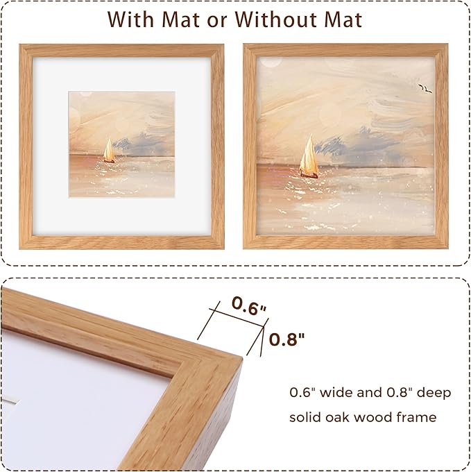 8 x 8 Oak Wood Picture Frames, Set of 3, Square Photo Frame 8x8 for Wall, 8x8 Frame Matted to 4x4 - Real Tempered Glass, 8"x8" Picture Frames (Natural Oak Color, 3 Pack)