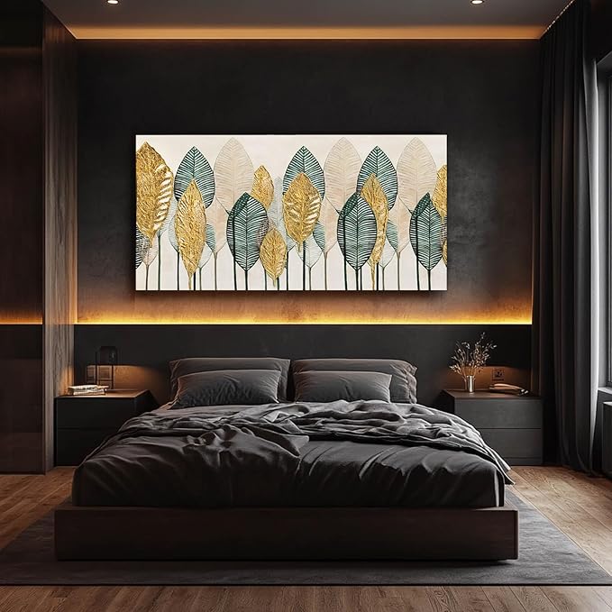 CHUDANHAO Green Canvas Artwork Gold Leaves Painting Beige Art Modern Wall Decor for Office Living Room Neutral Wall Art 29"x58" Print Photos
