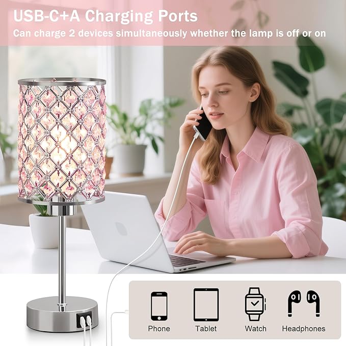 Pink Crystal Table Lamp, Touch Control Bedside Lamps with USB-C+A Charging Ports, 3-Way Dimmable Nightstand Small Desk Lamp Set of 2 for Girl Bedroom, Living Room, Office(Buld Included)