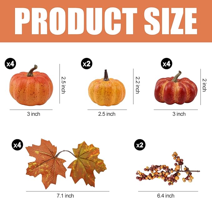 Realistic Mini Pumpkin Decor Indoor 16PCS Artificial Pumpkins for Fall Decorations for Home Fall Centerpieces for Tables Outdoor Thanksgiving Halloween Party/Berries Maple Leaf Autumn Fillers decor