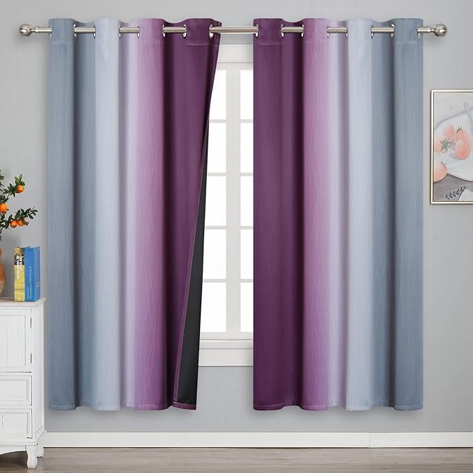 Estelar Textiler Ombre Grey and Purple Blackout Curtains 72 Inch Length 2 Panels, Full Room Darkening Curtains for Living Room, Grommet Thermal Insulated Gradient Drapes for Bedroom, 52x72 Inch