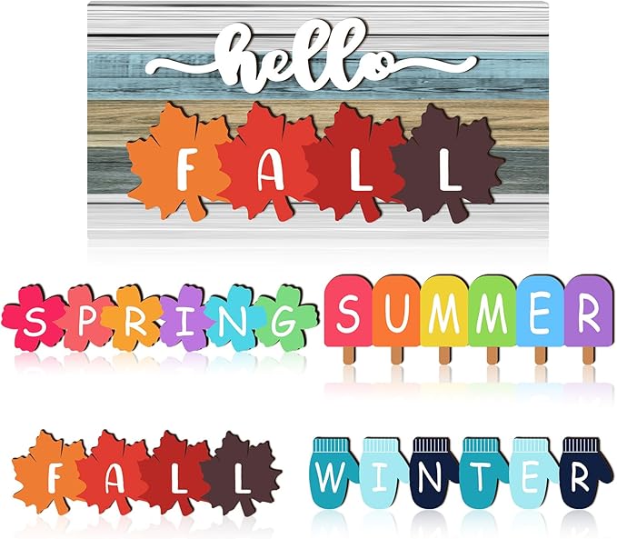 Roowest 5 Pcs Hello Fall Sign Interchangeable Seasonal Sign Spring Summer Winter Tiered Tray Decor 5.9 x 3 Inch Wooden 4 Seasons Farmhouse Table Centerpiece Decoration for Home Shelf Office(Retro)