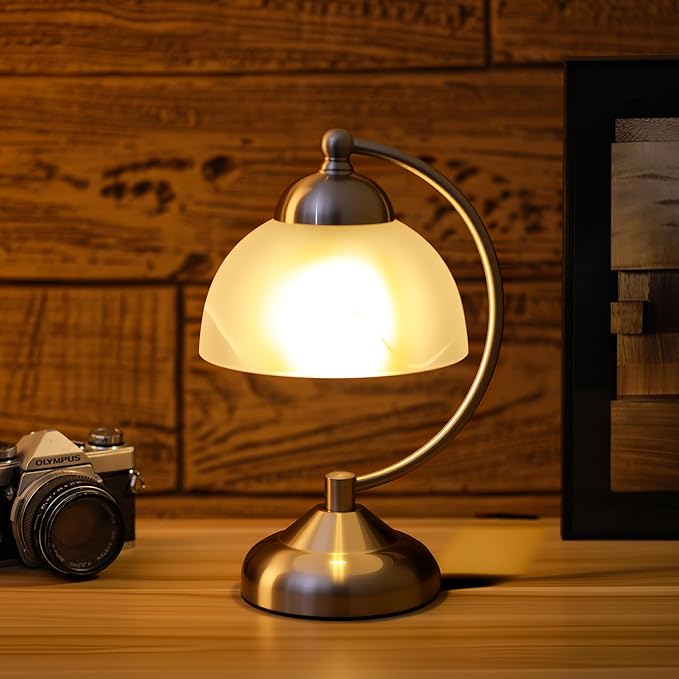 Small Modern Touch Glass Bedside Table Lamp, 7 x 7 x 10 Inch Brushed Nickel Metalwork Base Table Lamp for Bedrooms and Office (White Frosted Glass Shade)