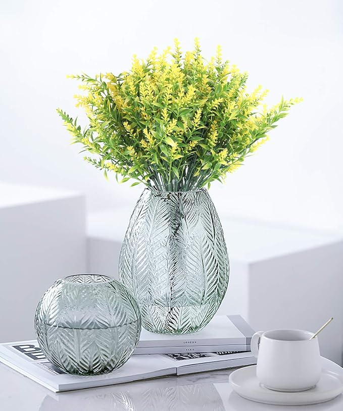 RECUTMS 8 Bundles Artificial Lavender Flowers for Outdoor Decoration, UV Resistant Fake Shrubs Greenery Bushes House Office Garden Patio Indoor Outdoor Decor (Yellow)