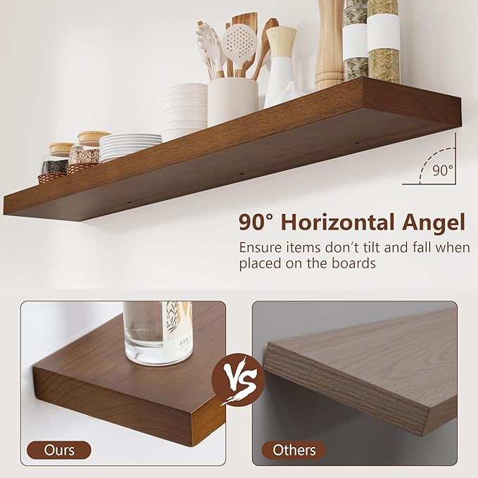 Rustic Floating Shelves, 48 Inch Floating Shelf Set of 2, Solid Wood Wall Mounted Shelves Dark Wood Shelves for Bedroom Bathroom Living Room - Dark Walnut