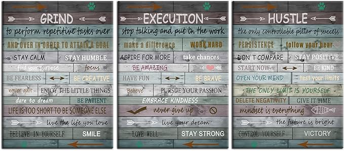 Inspirational Canvas Wall Art Poster Print Grind Execution Hustle Motivational Entrepreneur Quotes Picture Painting Artwork for Modern Home Bathroom Wall Decor Stretched and Framed [36''W x 16''H]