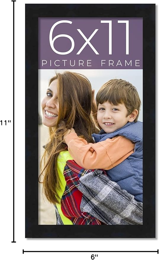 6x11 Frame Black Real Wood Picture Frame Width 0.75 Inches | Interior Frame Depth 0.5 Inches | Noir Classique Mid Century Photo Frame Complete with UV Acrylic, Foam Board Backing & Hanging Hardware