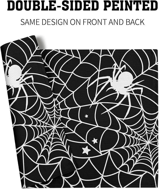 Halloween Placemats 12×18 Inches Set of 4 Spiders Black White Spiderweb Seasonal Holiday Indoor Kitchen Dining Table Place Mats for Home Party Decoration