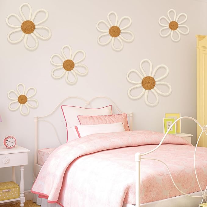 Barydat 6 Pcs Boho Nursery Decor Daisy Flower Woven Macrame Wall Hanging 3 Size Daisy Flower Wall Decor Bohemian Nursery Decorations for Home Dorm Art(White)