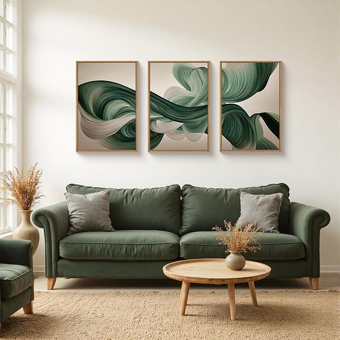 KAIRNE Green Abstract Wall Art Set of 3, Minimalist Green Lines Wall Decor, Modern Flowing Texture Painting for Living Room, Bedroom, Office, Framed Easy to Hang 16x24 Inches
