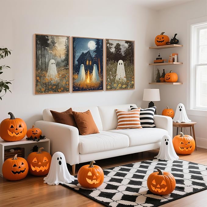 CHDITB Spooky Ghost Framed Canvas Wall Art Set, Halloween Party Gothic Wall Decor, Moonlit Cabin Art Cute Ghost Wall Painting, Vintage Country Landscape Art Prints for Living Room Bedroom 16"x24"x3