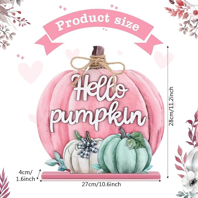 Soaoo Fall Decoration Wooden Fall Hello Pumpkin Sign Autumn Pumpkin Table Decor 11 Inch Wooden Autumn Desktop Ornament for Farmhouse Home Living Room Harvest Day Thanksgiving Decor(Pink,Lovely)