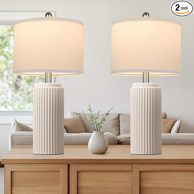 TOBUSA 23.5’’ Modern Ceramic Table Lamps Set of 2 for Living Room, Farmhouse Vintage Bedside Table Lamps with White Linen Shade, Rustic Bedroom Ceramic Lamps for Nightstand Home Office End Table Dorm
