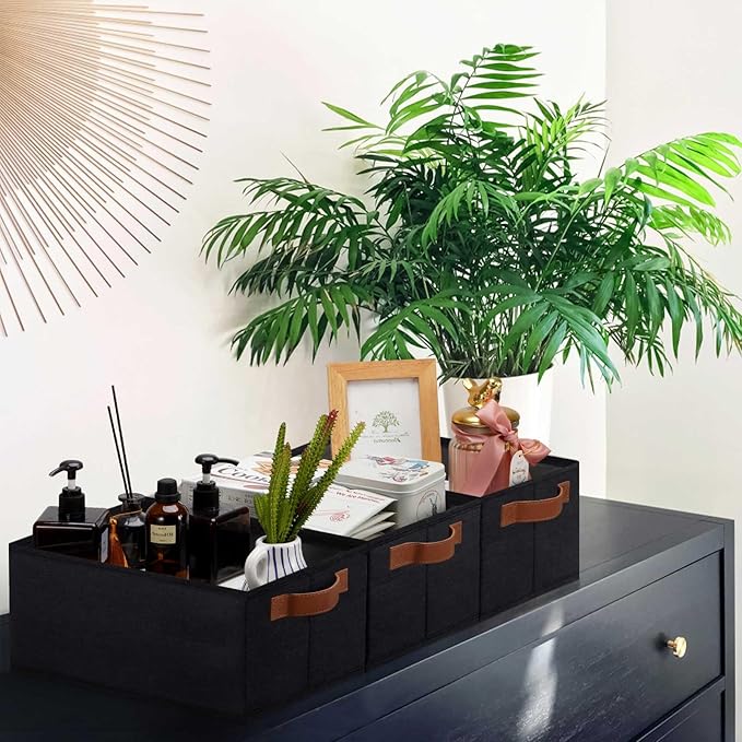 GhvyenntteS Small Fabric Storage Bins 12 Pack, 11.8" x 7.87" x 5.11" Storage Basket with Leather Handles, Closet Storage Bins for Shelves, Storage Baskets for Shelves, DVD Storage (Black)