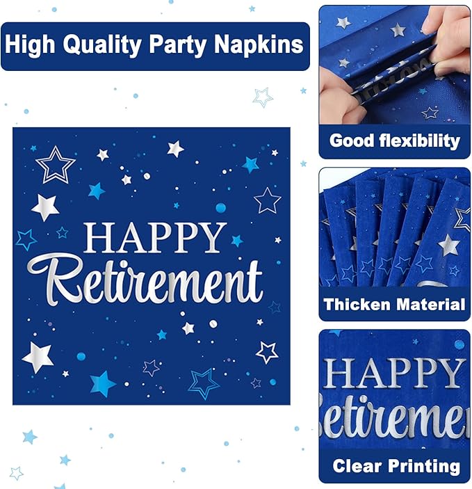 Happy Retirement Party Oval Paper Plates 11inch Blue Silver Retirement Plates and Napkins, Retired Decoration Favor Dish Tray for Women Men Retired Supplies Graduations Tableware, 25 Guest