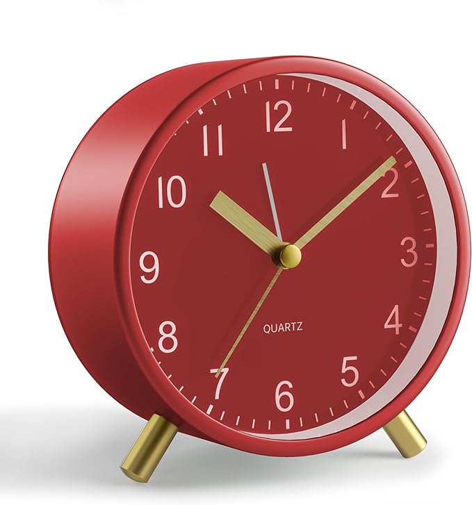 Analog Alarm Clock, 4 inch Super Silent Non Ticking Small Clock with Night Light, Battery Operated, Simple Design, easy setting for Office, Bedroom, Bedside, Desk, teens, elders, kids, adult, Red