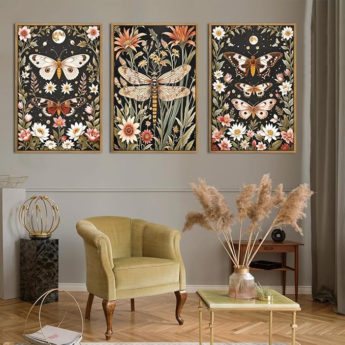 ANHUIB Extra Large Wall Art William Morris Wall Art 24x36 Inch Vintage Floral Wall Decor Butterfly Dragonfly Paintings Set of 3 for Living Room Bedroom Dining Room