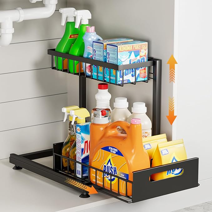 Under Sink Organizer Storage 2-Tier Premium Metal Pull-Out Racks, Height Adjustable, Easy Installation | Kitchen & Bathroom Organizers Pack of 1