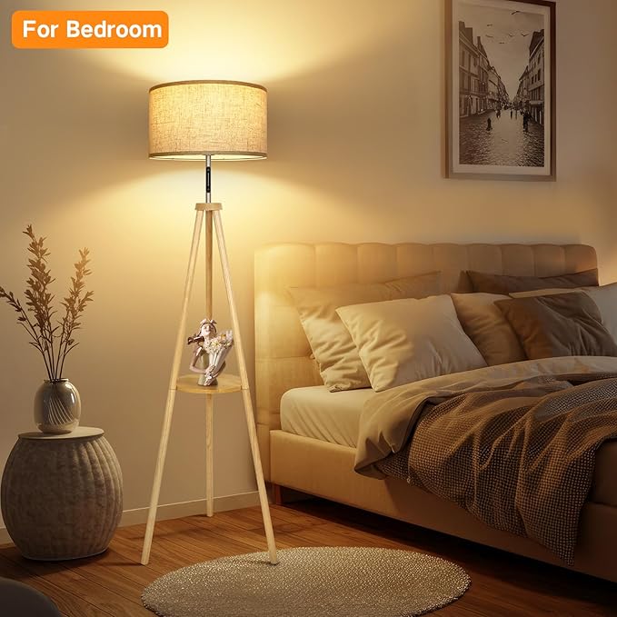 OUTON Wood Tripod Floor Lamp with Shelves, Mid Century LED Modern Dimmable Floor Lamp with Remote Control, Sturdy Tall Standing Lamp with Beige Lamp Shade for Living Room, Bedroom, Office