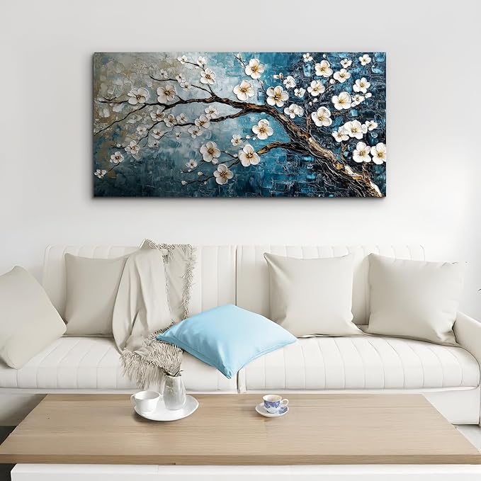 crmotu Plum Blossom Wall Art, Japanese Flower Canvas Large Artwork, Teal Blue Tree Trunk Oil Paintings Prints, Modern Aesthetic Pictures Wall Decor Living Room Bedroom Home Office 20X40 Inches