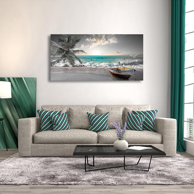 Beach Sea Wave Pictures Canvas Wall Art For Living Room Bedroom Wall Decor,Sea Wave Wall Art Print Paitnings For Home Decor,Morden Artwork Palm Boat Canvas Art Waterproof Ready To Hang-20X40Inches