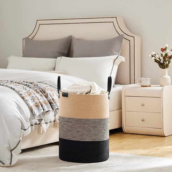 VIPOSCO Tall Laundry Basket, Large Dirty Clothes Hamper with Leather Handle, Woven Rope Storage Basket for Blanket, Toy In Living Room, Bathroom, Bedroom - 58L Brown & Black