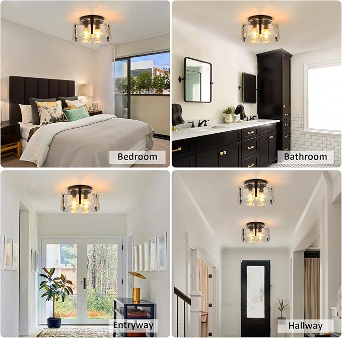 Black Semi Flush Mount Ceiling Light Fixture, 3-Light Modern Hallway Light Fixtures Ceiling Mount, Foyer Kitchen Lighting Fixtures Ceiling Lights for Bedroom, Bathroom, Laundry Room, Entryway, Hallway