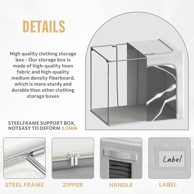 2 Pack Clear Window Storage Bins Large Stackable Linen Fabric Storage for Clothes Foldable Container Organizer Set with Carrying Handles (Lvory White, 15.7x 11.8x 11.7Inch)