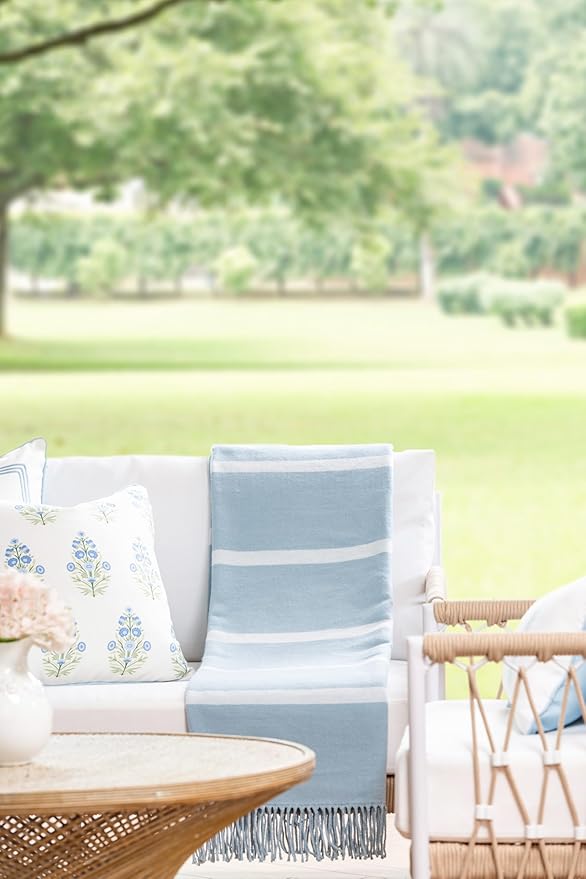 Hofdeco Premium Coastal Decorative Throw Blanket for Patio Couch Sofa, Baby Blue White Pinstripes with Fringe, 52"x71"