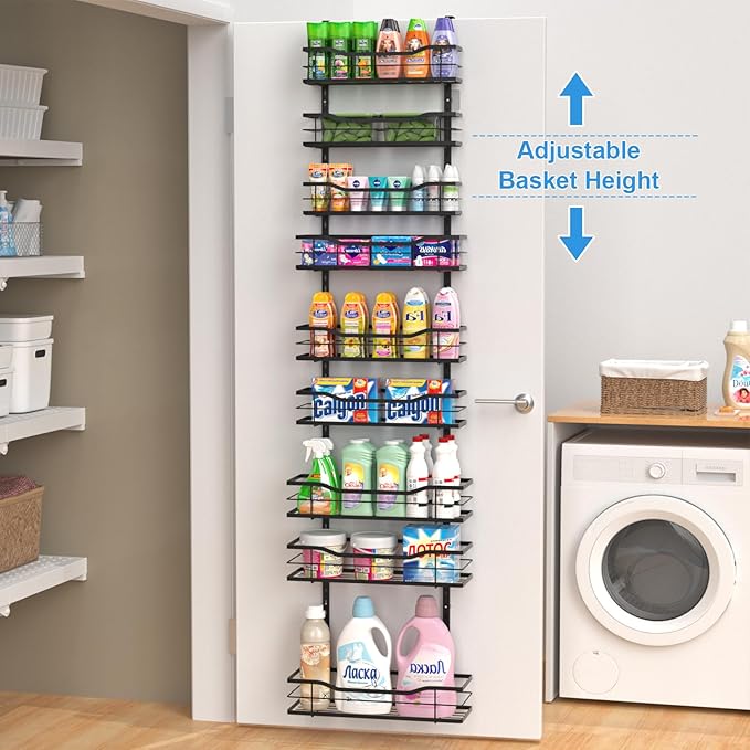 9-Tier Over The Door Pantry Organizer, Metal Pantry Organizers and Storage with Adjustable Basket, Spice Rack Seasoning Shelves, Over the Door Organizer for Pantry Kitchen Laundry Bathroom