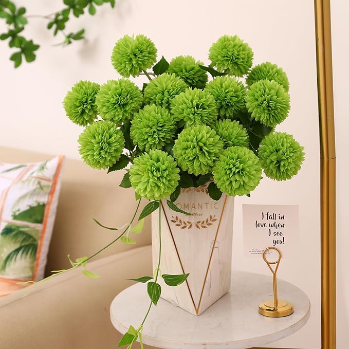 Floweroyal 24pcs Green Flowers Artificial Chrysanthemum Ball Silk Hydrangea Flowers Bridal Wedding Bouquet for Home Garden Party Office St Patricks Day Decor