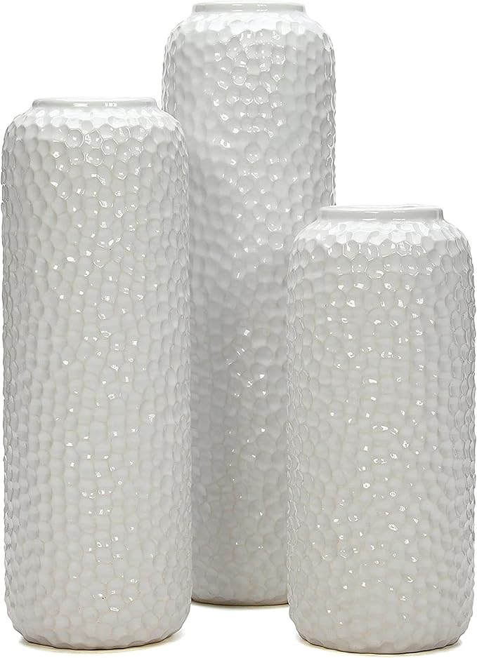 Hosley Set of 3 White Ceramic Honeycomb Vase Tall 12 Inch Medium 10 Inch Short 8 Inch High Each. Ideal Gift for Wedding Special Occasion Dried Floral Arrangements Home Office Spa