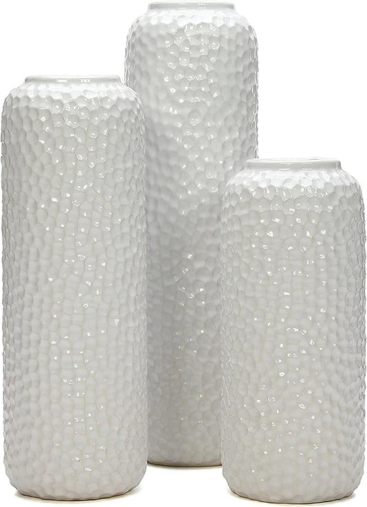 Hosley Set of 3 White Ceramic Honeycomb Vase Tall 12 Inch Medium 10 Inch Short 8 Inch High Each. Ideal Gift for Wedding Special Occasion Dried Floral Arrangements Home Office Spa