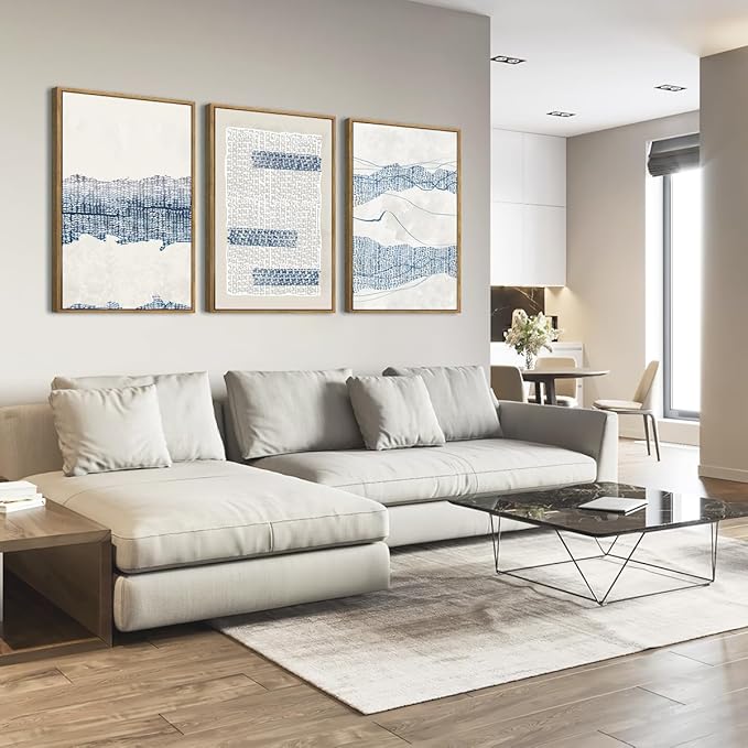 IARTTOP Large Blue Abstract Framed Canvas Wall Art 16x24 Inch Neutral Modern Art Prints Minimalist boho Artworks for Living Room Bedroom Office Set of 3