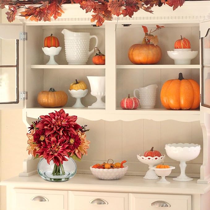 Briful Faux Fall Flowers in Vase, Artificial Dahlia & Mum Silk Floral Arrangement with Clear Glass Vase Fake Autumn Flowers Bouquet for Home Office Dining Room Table Centerpiece Decoration