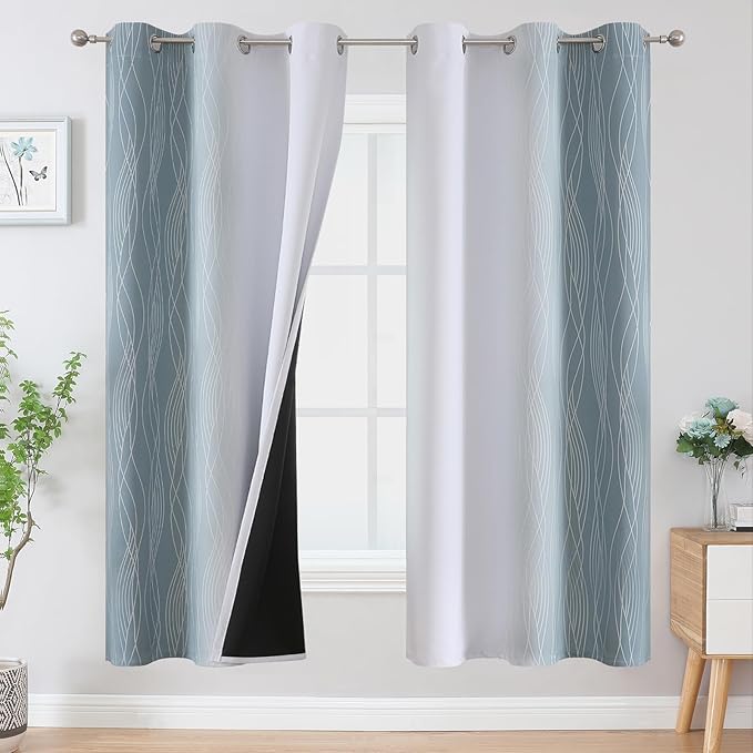 Estelar Textiler Stone Blue and Greyish White Ombre Blackout Curtains 72 Inches Length for Bedroom, Thermal Insulated Light Blocking Grommet Gradient Blackout Drapes for Living Room, 42Wx72L, 2 Panels