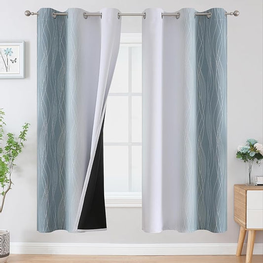 Estelar Textiler Stone Blue and Greyish White Ombre Blackout Curtains 72 Inches Length for Bedroom, Thermal Insulated Light Blocking Grommet Gradient Blackout Drapes for Living Room, 42Wx72L, 2 Panels