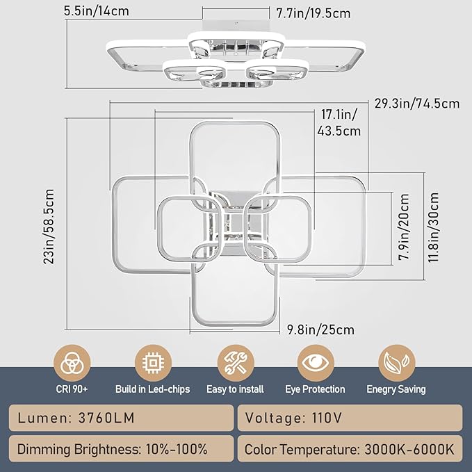 31.5" Modern LED Ceiling Light 6-Square Dimmable Ceiling Light Fixtures with Remote 3000K-6000K Chrome Close to Ceilings Lamp 60W Flush Mount Ceiling Lamp for Living Room, Bedroom