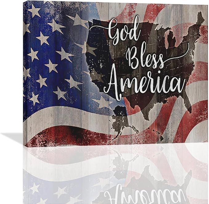 Large American Flag and USA Map Wall Art Rustic United States Map Pictures Wall Decor God Bless America Canvas Painting Print Home Decor Artwork Framed for Living Room Bathroom Master Bedroom 20"x16"