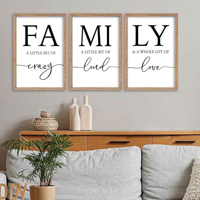 SRSZHIYUE Family Wall Art A Little Bit Of Crazy Loud Sign Wall Decor Art Set of 3 16"×11" Prints Wood Framed for Large Rustic Farmhouse Minimalist Living Room Entryway Wall Hanging (Wood)