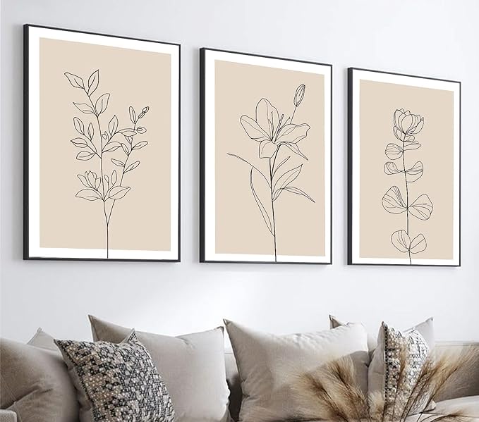 3Pcs Framed Canvas Wall Art Set Simple Botanical Line Art Print Modern Floral Poster Artwork Canvas Wrap Gallery Picture for Living Room Bedroom Bathroom Office Home Decor 12x16 Inch