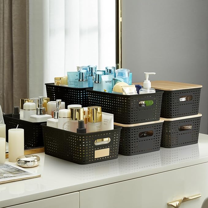 Small Plastic Storage Bins with Bamboo Lids 5.2qt Stackable Box Basket Pantry Decorative Containers Cute with Lable for Organizing Desktop Closet Office Black of 6 packs 10 * 7.2 * 4.1'’