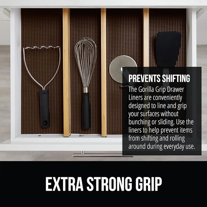 GORILLA GRIP powerGRIP Drawer Shelf and Cabinet Liner, Thick Strong Hold, Non-Adhesive Liners Protect Kitchen Cabinets and Cupboard, Bathroom Drawers, Easy Install, Breathable Mat, 17.5" x20', Brown