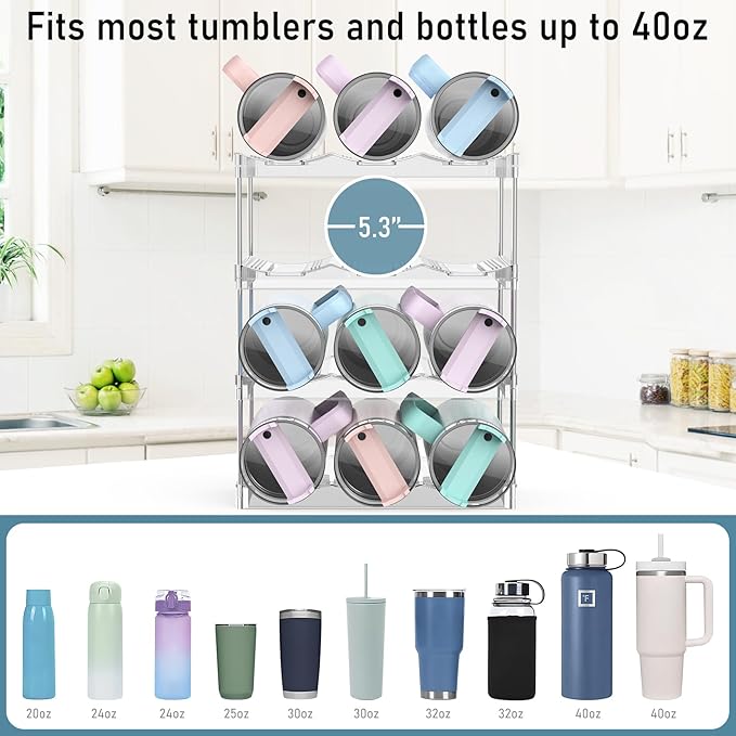 Water Bottle Organizer Stanley Cup Holder, 4-Tier Tumbler Storage, Stackable Water Bottle Holder for Kitchen Cabinet Pantry, Large Compartment fits 40 oz Tumblers, Stanley Accessories