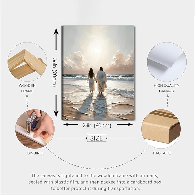 Jesus and Woman Walking on Water Canvas Wall Art Religious Coastal Wall decor pictures Christian Painting poster prints for living room bedroom Home Decoration Ready to hang (24inx36in Canvas)