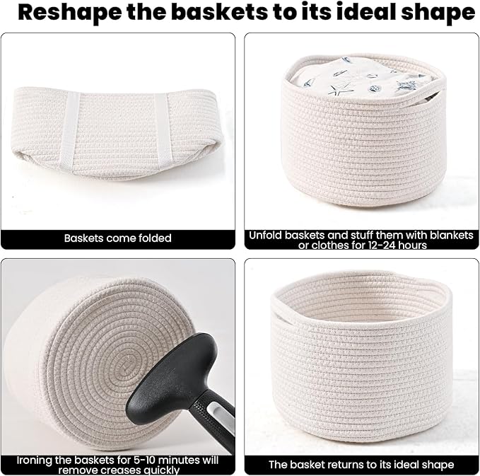 Small Storage Baskets for Organizing, Organizer Baskets for Shelves, Woven Basket for Storage, Cute Basket for Gifts Empty, Cotton Rope Baskets, 9.7"×9.7"×7" (3 Packs) Off White