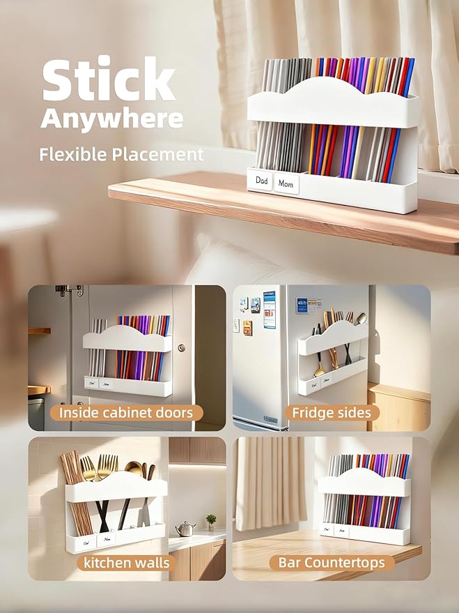 9.8" Acrylic Straw Holder for Cabinet Door - 5-Compartment Organizer with Ultra-Sticky Adhesive, Storage for Reusable Straws and Brushes, Kitchen & RV Essensials